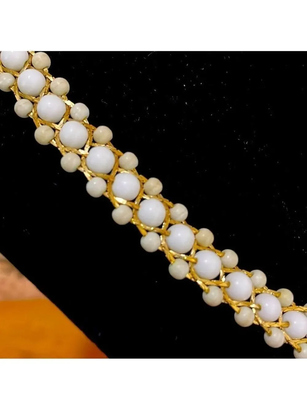 Korea Vintage 5 strand woven gold tone collar chain with white beads_6